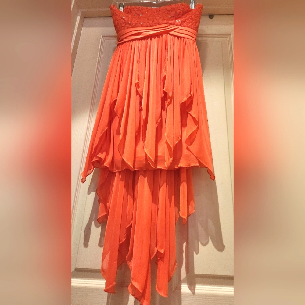 MY MICHELLE Macys Coral Orange Sparkly Sequins S/L Frilly Scarf Hem Midi Dress S